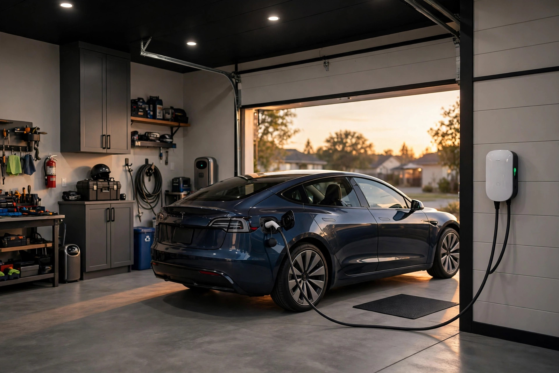 Electric car charging at home from a wall-mounted charger